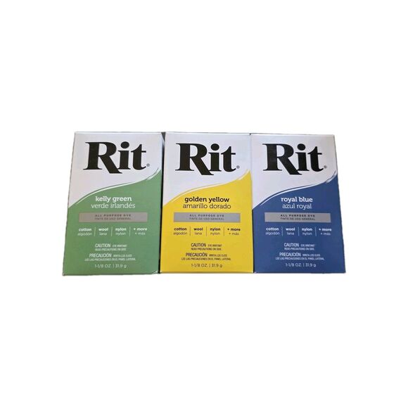 LOT 3  Rit Dye Powder Kelly Green, Yellow & Royal Blue 32 (31.9g) 3-Pack - Picture 1 of 6